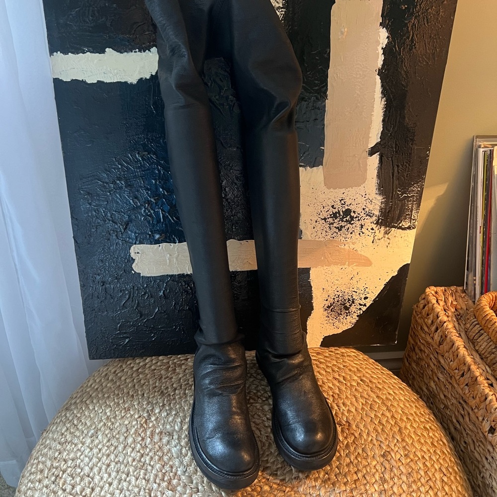 Rick Owens Black Tall Leather Boots with Rounded Toe - Size 38